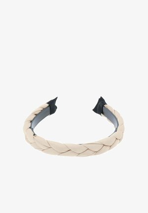 Beżowa opaska do włosów z plecionego materiału, zakończona czarnymi plastikowymi końcówkami. Posiada gładką powierzchnię i prosty, okrągły kształt.