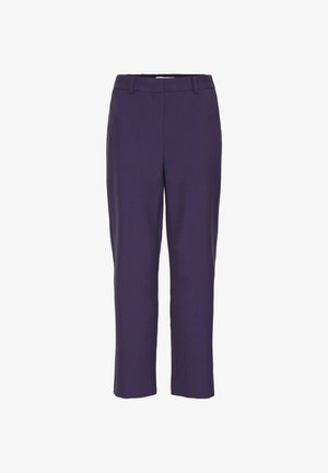 Lilla skræddersyede bukser med en struktureret pasform, lige ben og skjult talje. Glat tekstur uden synlige mønstre eller hardware.