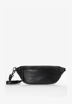 Black leather fanny pack with a smooth texture, zippered closure, and adjustable strap. Rounded shape with a subtle embossed logo detail.