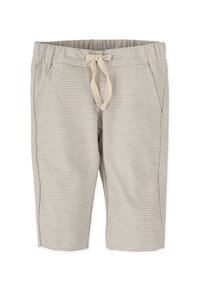 Pantalones cortos a cuadros beige con cintura elástica y cordón. Cuenta con bolsillos laterales y un corte relajado. La tela tiene una textura ligera.