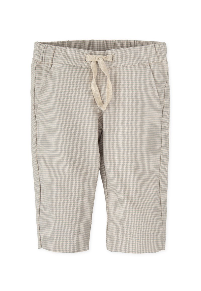 Pantalones cortos a cuadros beige con cintura elástica y cordón. Cuenta con bolsillos laterales y un corte relajado. La tela tiene una textura ligera.
