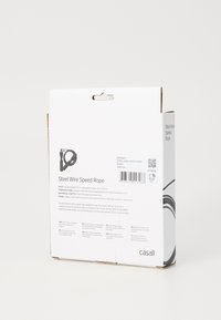 Ατσάλινο καλώδιο ταχύτητας σε συσκευασία λευκού κουτιού με μαύρο κείμενο. Εύκαμπτο μήκος λαβής 14,5 εκ., μέγιστο μήκος σχοινιού 300 εκ.