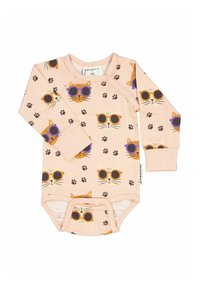 Långärmad body i ljusrosa bomull med kattansikten som bär solglasögon och tassavtrycksmönster; har tryckknappsstängning i nederkant.