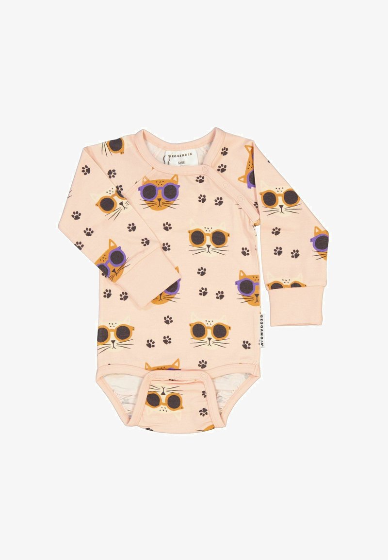 Langærmet bodystocking i lys pink med katteansigtter, der bærer solbriller, og poteprint mønstre; har trykknaplukning i bunden.