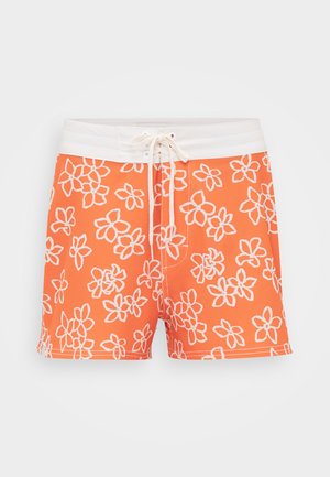 Heren zwemboxers in feloranje met een wit bloemenpatroon. Voorzien van een witte elastische tailleband en een trekkoord voor een verstelbare pasvorm.
