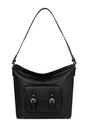 Borsa a tracolla in pelle nera con una cinghia singola e tasca anteriore chiusa da due cinturini con fibbie in metallo dorato.