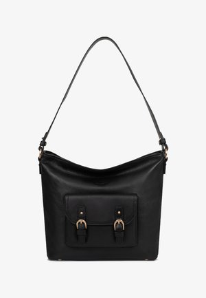 Black leather shoulder bag with single strap and front pocket secured by two buckle straps with gold-tone hardware.