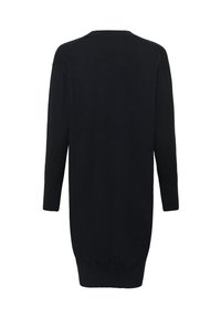 Schwarzes gestricktes Kleid mit langen Ärmeln, rundem Ausschnitt und geripptem Saum. Bietet eine lockere Passform und eine glatte Textur.