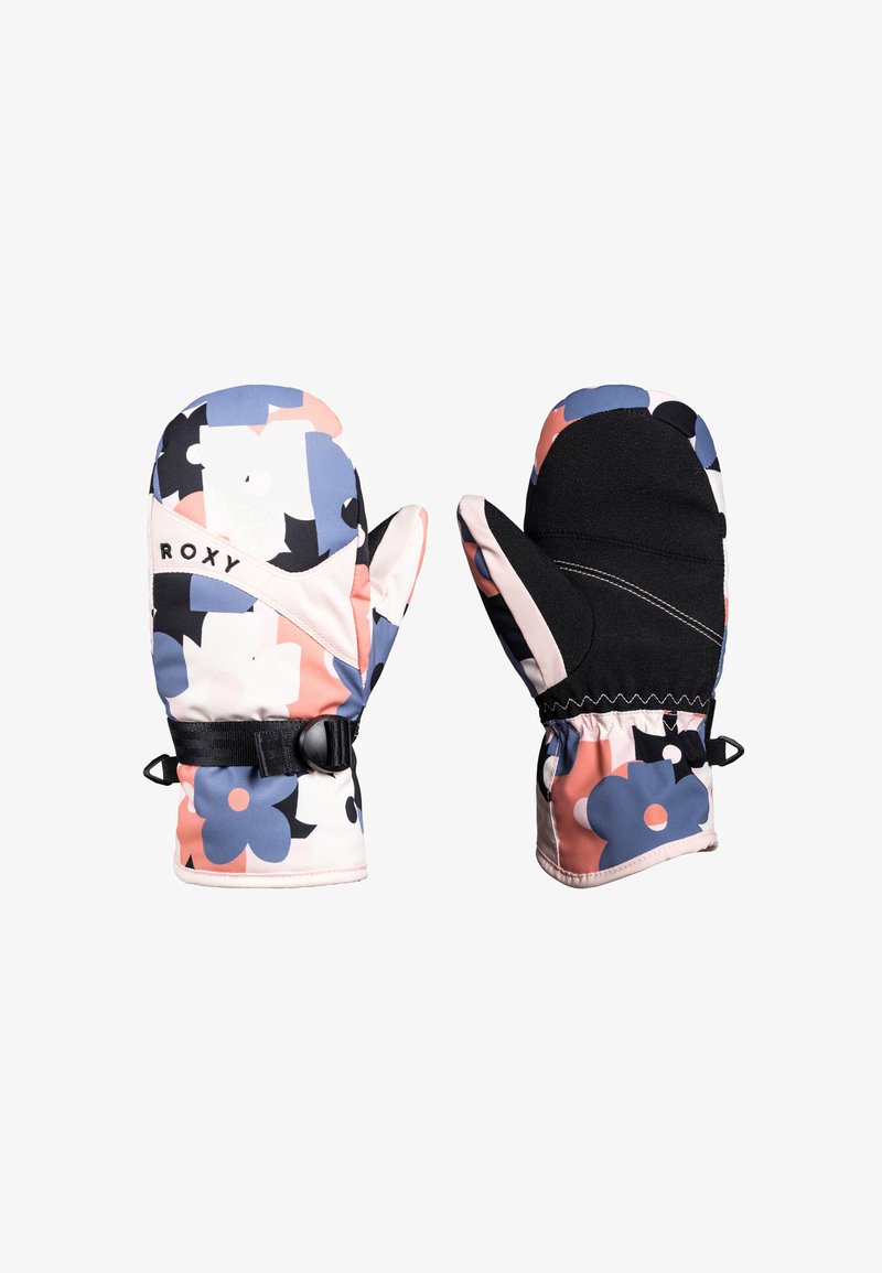 Roxy-vantar med blommönster i rosa, blått och svart, med textilutsida, elastisk handled och justerbart band. Isolerad handflata för värme.