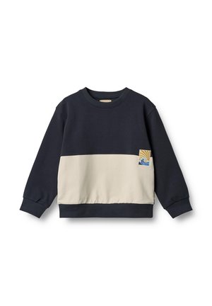 Sweatshirt bleu marine et crème à manches longues, avec des poignets côtelés et un patch logo en forme de vague. Mélange de coton doux avec une coupe décontractée.
