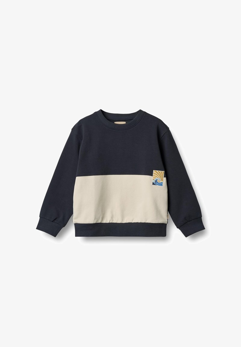 Felpa blu navy e crema con maniche lunghe, polsini a costine e patch a logo con motivo ondulato. Morbido tessuto in misto cotone con vestibilità comoda.