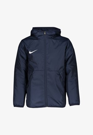 Veste matelassée bleu marine avec fermeture éclair à l'avant, capuche et poignets élastiques. Présente un logo Nike blanc sur la zone gauche de la poitrine.
