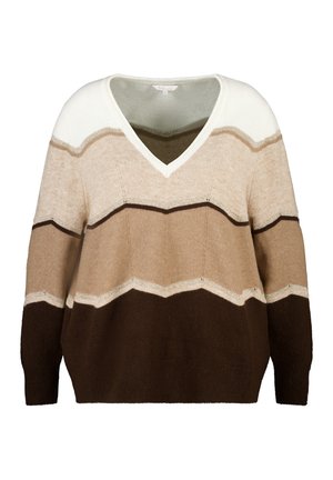 V-halstrui met horizontale zigzagstrepen in beige, bruin en crème. Gemaakt van een zachte gebreide stof met lange mouwen.