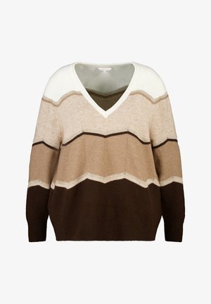 V-halstrui met horizontale zigzagstrepen in beige, bruin en crème. Gemaakt van een zachte gebreide stof met lange mouwen.
