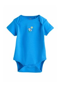 Rövid ujjú, kék body puha anyagból, elöl tehén és nap hímzéssel, alul patentokkal záródik.
