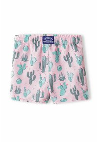 Roze zwembroek met een cactuspatroon in groen- en grijstonen. Elastische tailleband met een merklabel in het midden.