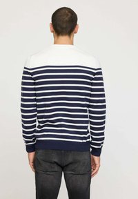 Pull rayé bleu marine et blanc, en tissu tricoté, col rond, manches longues, poignets et ourlet côtelés, design visible au dos.