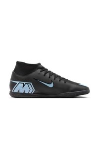 Black synthetic soccer shoes with a low-cut design. Features a light blue Nike logo and geometric pattern on the side. Textured rubber sole.