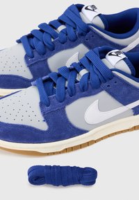 Plave nubuk i siva kožna tenisica s perforiranim prednjim dijelom, bijelim Nike logom i plavim vezicama; uključuje slobodnu plavu vezicu.