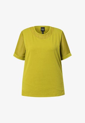 Kurzärmlige Damenbluse in Limettengrün mit transparenten Ärmeln und rundem Ausschnitt, dargestellt vor schlichtem weißem Hintergrund.