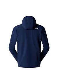 Veste à capuche bleu marine à manches longues, affichant le logo "The North Face" en haut à droite dans le dos.