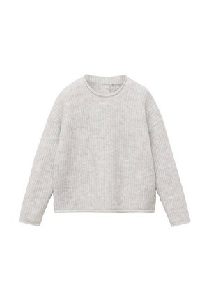 Hellgrauer, gerippter Pullover mit Rundhalsausschnitt, langen Ärmeln und geradem Saum. Weicher Stoff, lässiges Design, das sich gut für das Schichten eignet.