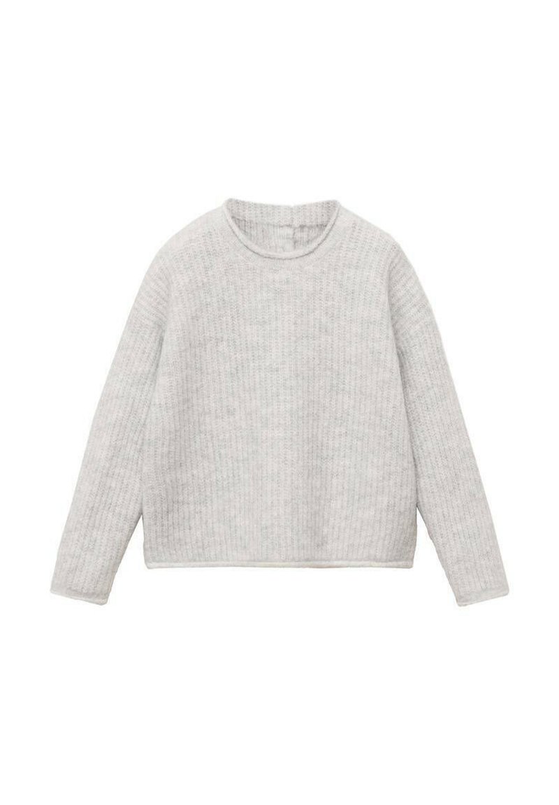 Hellgrauer, gerippter Pullover mit Rundhalsausschnitt, langen Ärmeln und geradem Saum. Weicher Stoff, lässiges Design, das sich gut für das Schichten eignet.