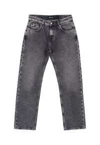 Jeans in denim nero con un lavaggio sbiadito, design a gamba dritta, stile a cinque tasche e chiusura con bottone in vita.