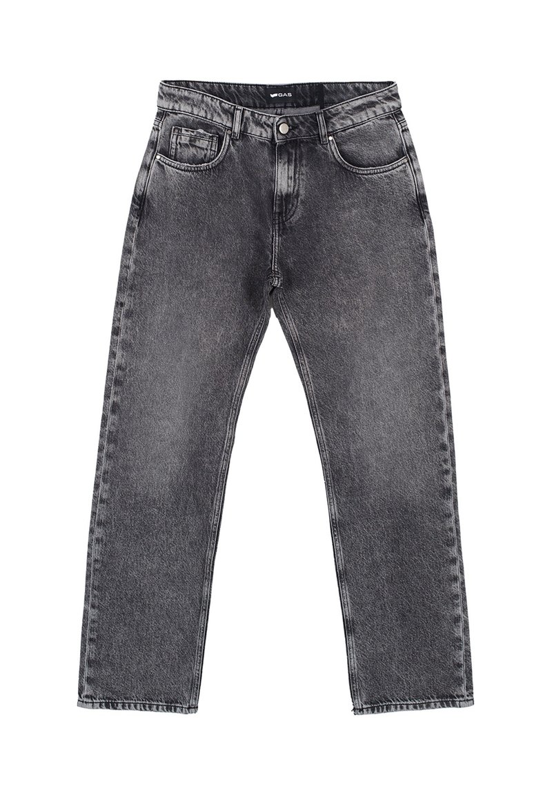 Jeans in denim nero con un lavaggio sbiadito, design a gamba dritta, stile a cinque tasche e chiusura con bottone in vita.