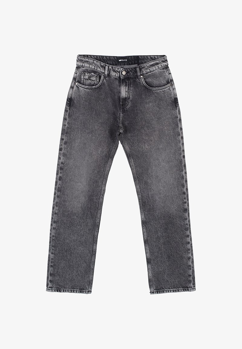 Jeans in denim nero con un lavaggio sbiadito, design a gamba dritta, stile a cinque tasche e chiusura con bottone in vita.