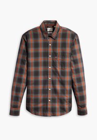 Camisa de cuadros para hombre con un patrón de cuadros en negro, naranja y azul, cuello abotonado, mangas largas y un bolsillo en el pecho.