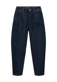 Granatowe dżinsy o luźnym kroju, zwężające się nogawki, przednie kieszenie i kontrastowe przeszycia. Zawierają pojedynczy guzik i szlufki na pasek.