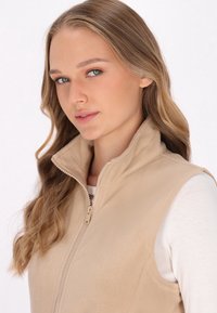 Beige Fleece-Weste mit hohem Kragen und Reißverschluss. Glatte Textur, ärmellos mit sichtbaren Nähten, getragen über einem hellen Hemd.