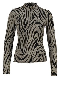 Długi rękaw, dopasowana bluzka z wysokim kołnierzem, czarna tkanina ozdobiona metalicznymi złotymi paskami w zebra i teksturowanymi detalami.