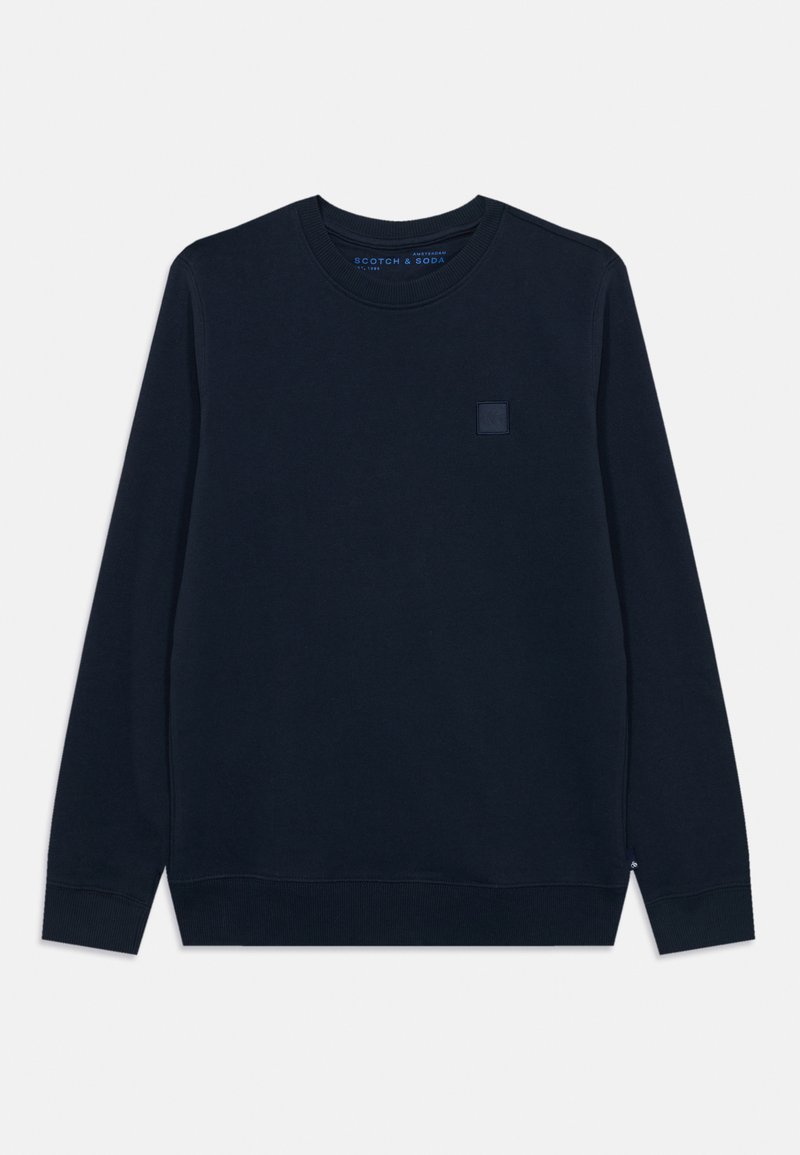 Felpa blu navy realizzata in morbido tessuto misto cotone. Presenta un collo rotondo, maniche lunghe e un piccolo logo quadrato sul petto.