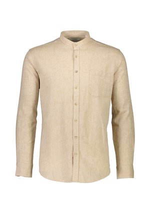 Beige long-sleeve shirt made of linen with a collared neckline, button front, and a single chest pocket. Features a textured fabric.