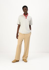 Tricou polo gri cu mânecă scurtă, pantaloni largi bej și adidași maro deschis. Bandiță roșie legată la gât. Design simplu, casual.