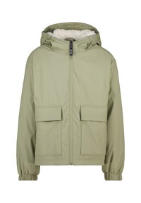 Green waterproof jacket with fur-lined hood, zip closure, elastic cuffs, and two front pockets. Smooth texture, casual design.