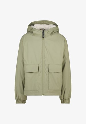 Grüne wasserfeste Jacke mit gefütterter Kapuze aus Kunstfell, Reißverschluss, elastischen Bündchen und zwei Fronttaschen. Glatte Textur, lässiges Design.