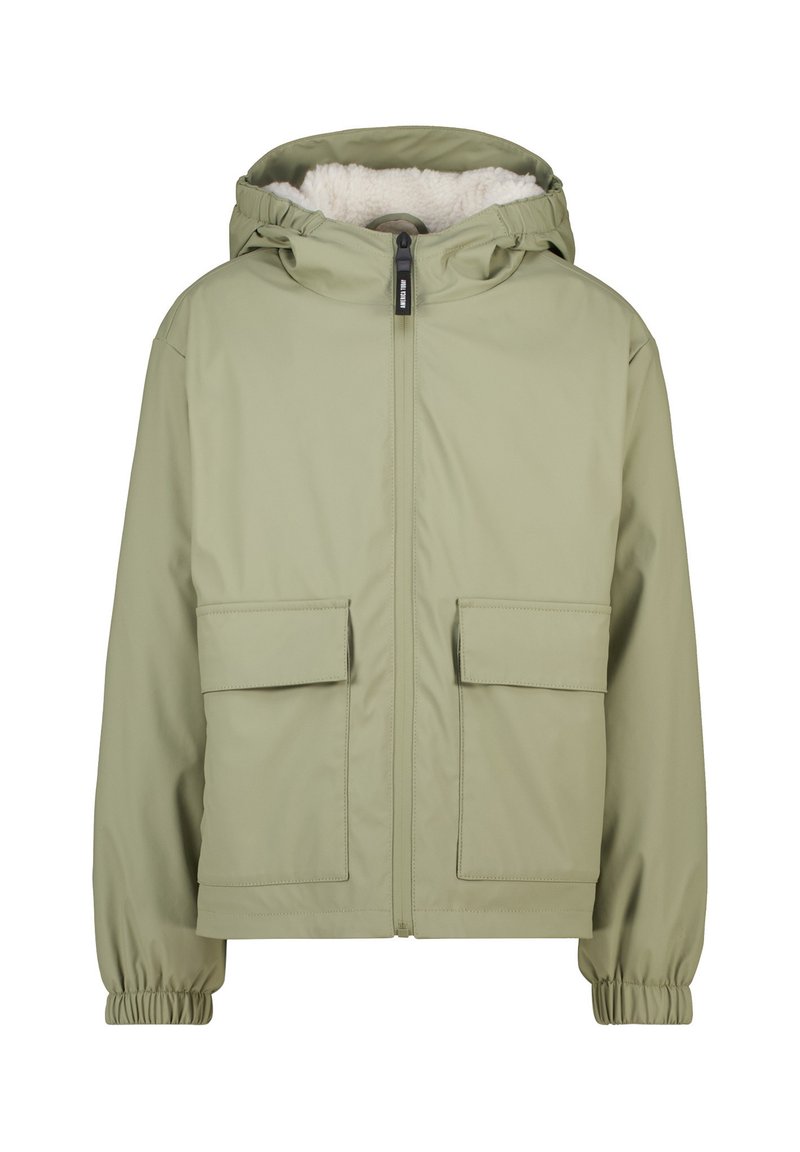 Green waterproof jacket with fur-lined hood, zip closure, elastic cuffs, and two front pockets. Smooth texture, casual design.