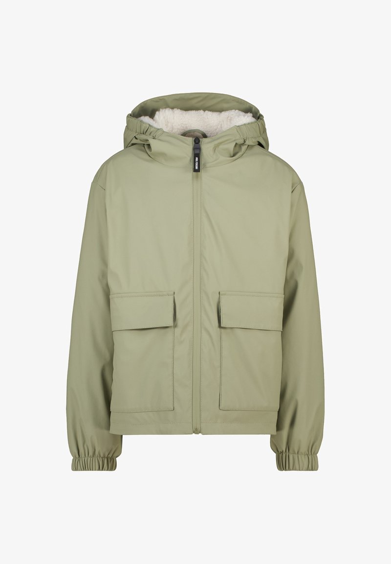 Green waterproof jacket with fur-lined hood, zip closure, elastic cuffs, and two front pockets. Smooth texture, casual design.