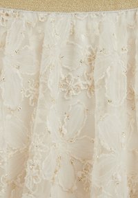 Mežģīņu svārki ar ziedu izšuvumiem krēmkrāsā, ar zelta akcentiem un fakturētu, caurspīdīgu pārklājumu, izceļot sarežģītas dizaina detaļas.