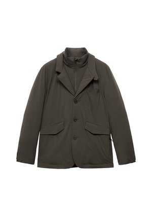 Dark olive green jacket with a structured design, featuring a high collar, front buttons, and two large pockets. Smooth, water-resistant fabric.