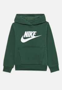 Sweat-shirt à capuche vert avec une poche frontale, présentant un grand logo Nike blanc sur la poitrine. Fabriqué en tissu doux, avec des poignets et un ourlet côtelés.