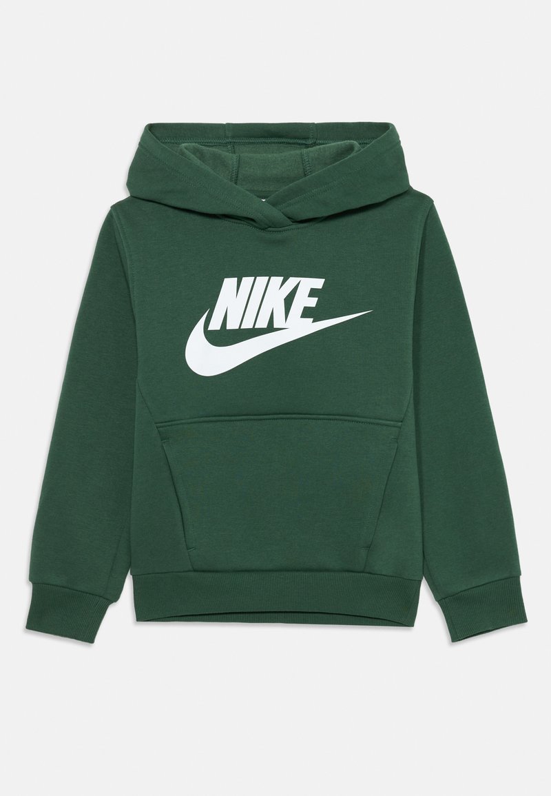 Sweatshirt verde com capuz e bolso frontal, apresentando um grande logótipo branco da Nike no peito. Feito de tecido suave, com punhos e bainha canelados.