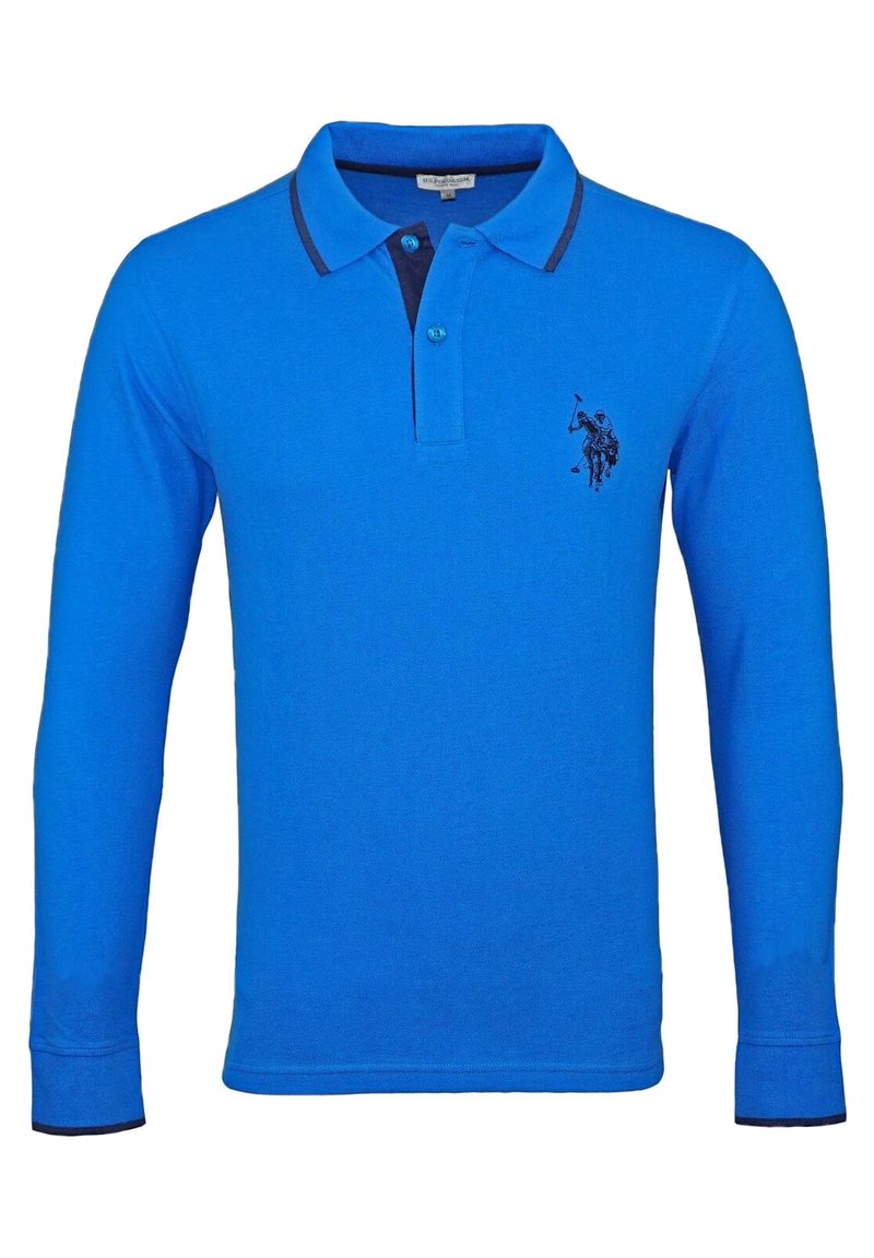 Blå långärmad pikétröja i bomull, med en kontrasterande marinblå krage, tvåknäppning och en liten broderad hästlogotyp.
