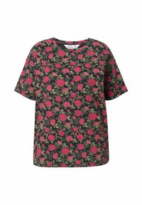 Krótki rękaw T-shirt z miękkiego materiału, na czarnym tle z jasnoczerwonym wzorem róż i zielonych liści. Okrągły dekolt i luźny krój.