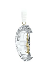 Helder kristallen ornament met een gebogen vorm, voorzien van ingewikkelde facetten en een gouden accent bevestigd met een transparante lus.