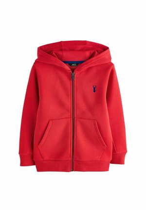Red zip-up hoodie with kangaroo pockets and a small dark blue stag logo on the left chest, featuring a hood and ribbed cuffs.