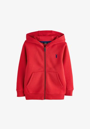 Roter Kapuzenpullover mit Reißverschluss, Kängurutaschen und einem kleinen dunkelblauen Hirsch-Logo auf der linken Brustseite, mit Kapuze und gerippten Bündchen.